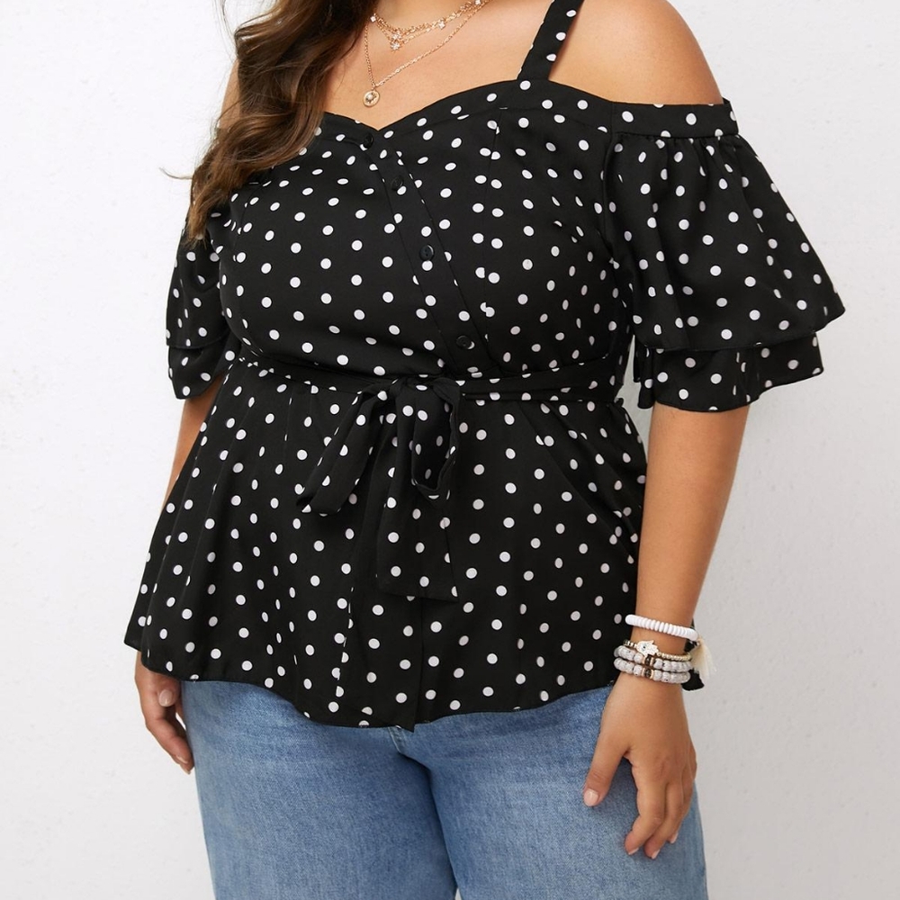 Plus Belted Cold Shoulder Polka Dot Top 3XL NEWLY MARKED DOWN